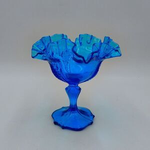 Fenton Colonial Blue Drape Pattern Ruffled Candy Dish Compote 6 Inch